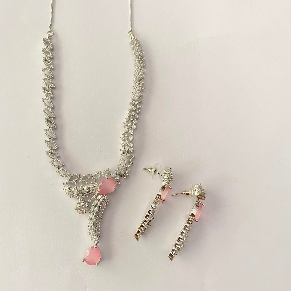 Silver Plated Pink Diamond Necklace Set