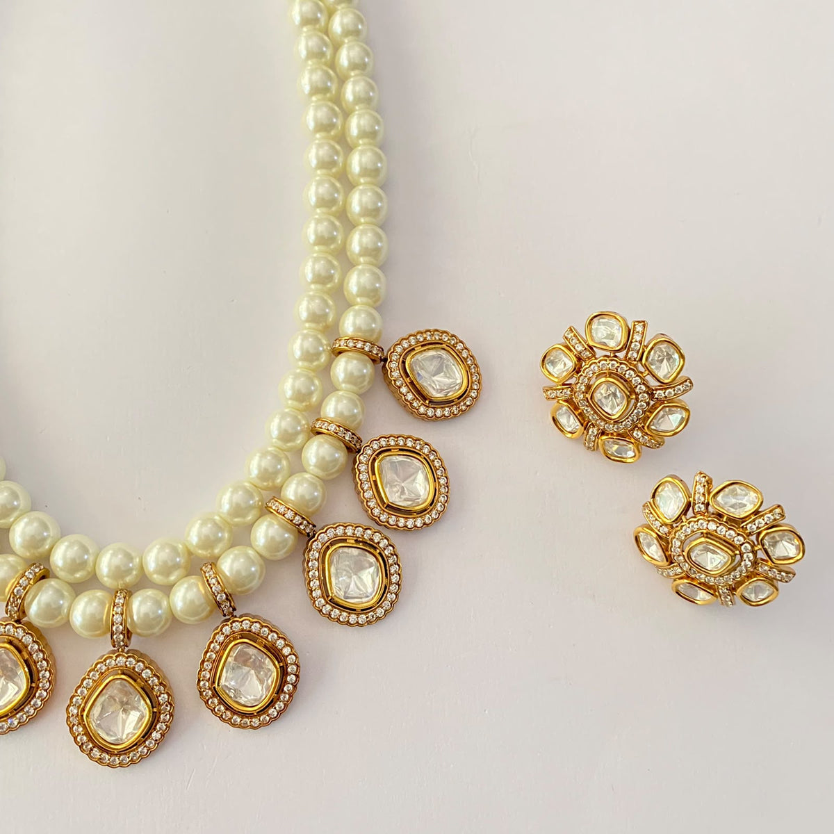 Pearl Double Line Antique Polki Necklace set