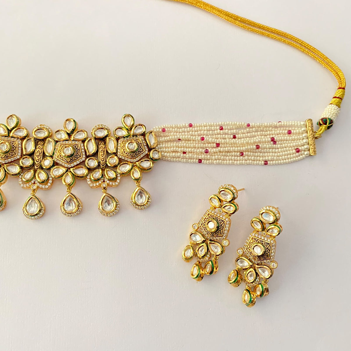 Gold Plated Kundan White Beads Choker Set