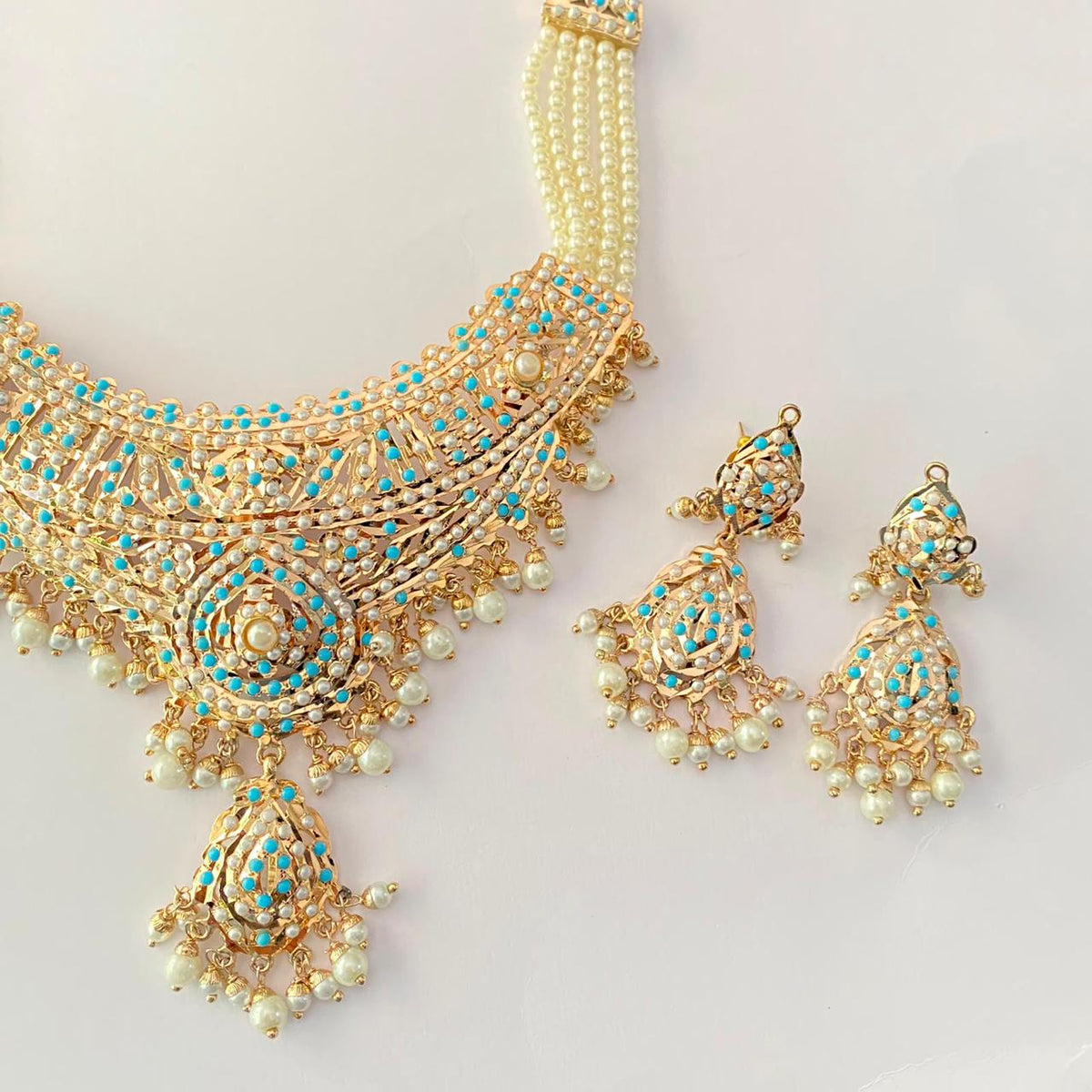 Firoza White Pearl Jadau Necklace Set