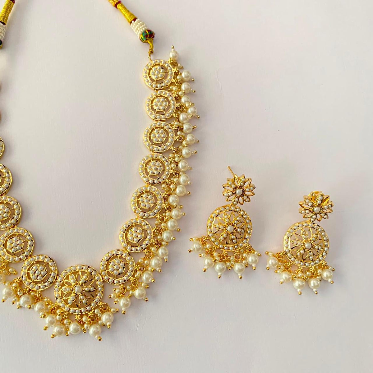 Gold Plated White Pearl Jadau Necklace Set