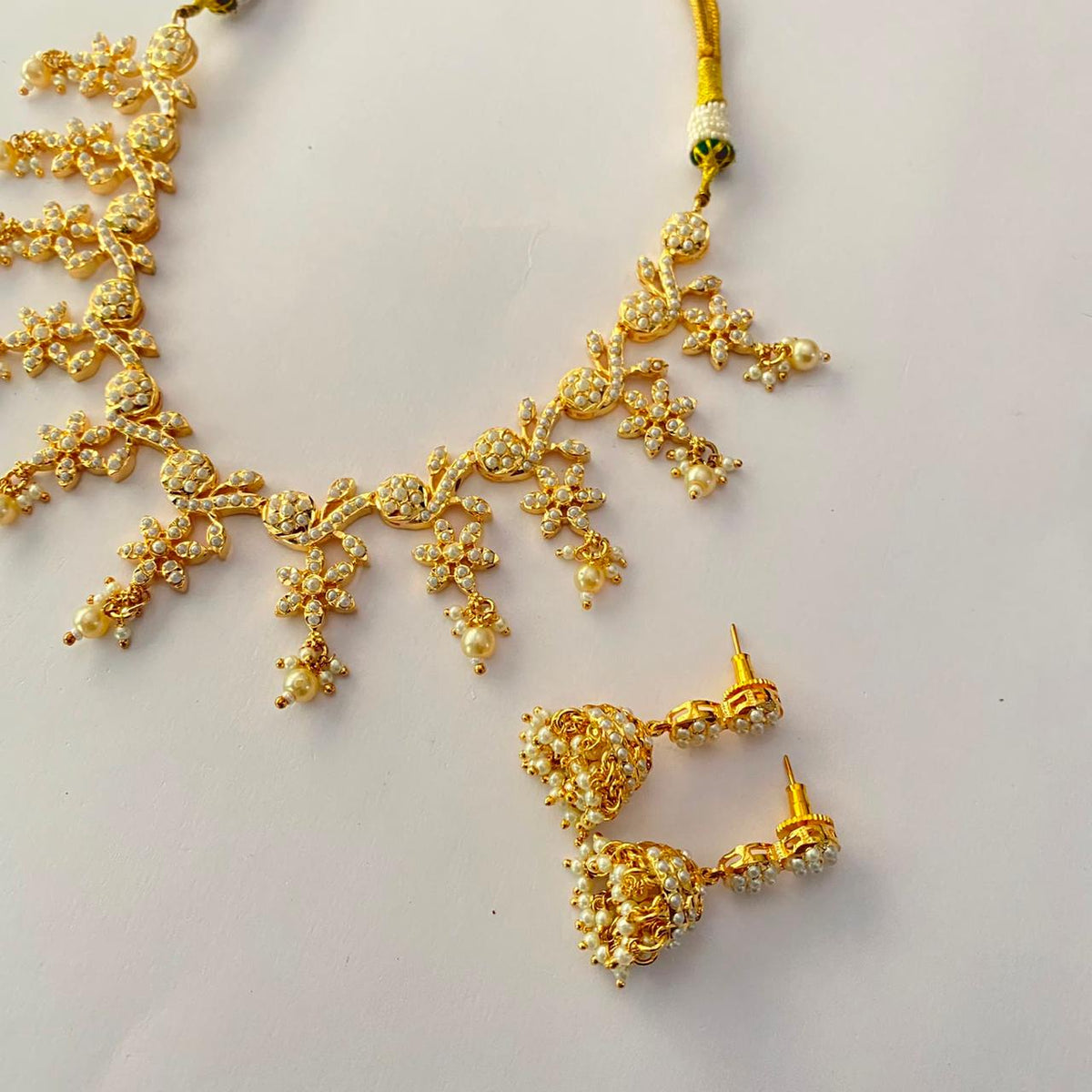 White Pearl Gold Plated Jadau Necklace Set