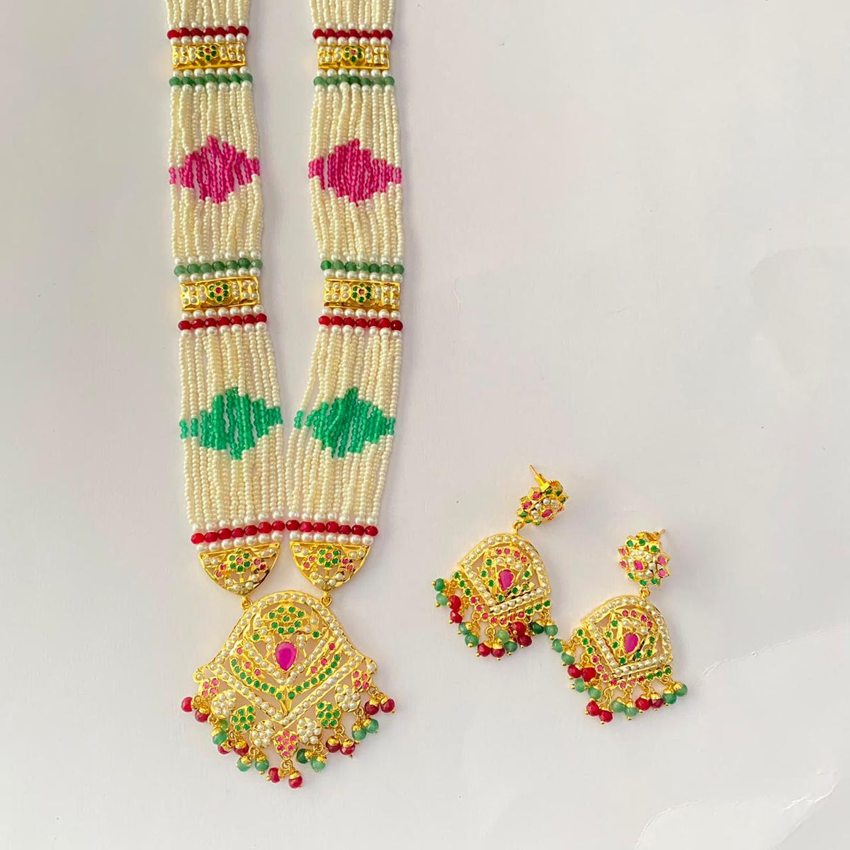 Long Ruby & Green Jadau Necklace Set