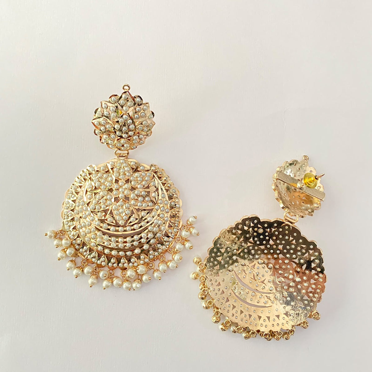 Jadau Gold Plated Pearl Chand Bali