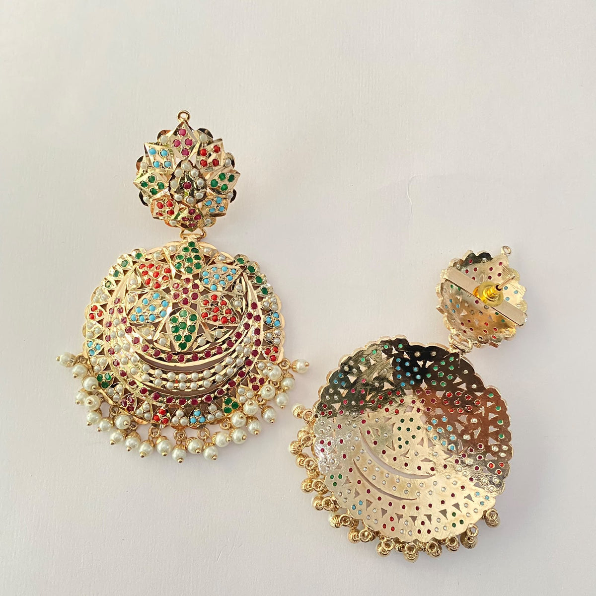 Multi Gold Plated Jadau Chand Bali