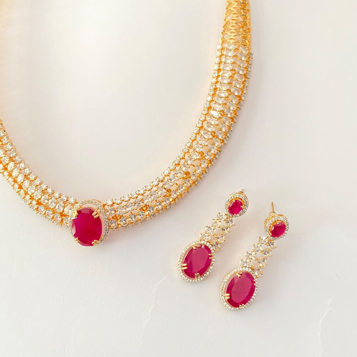 Gold Plated Ruby Stone Diamond Necklace Set