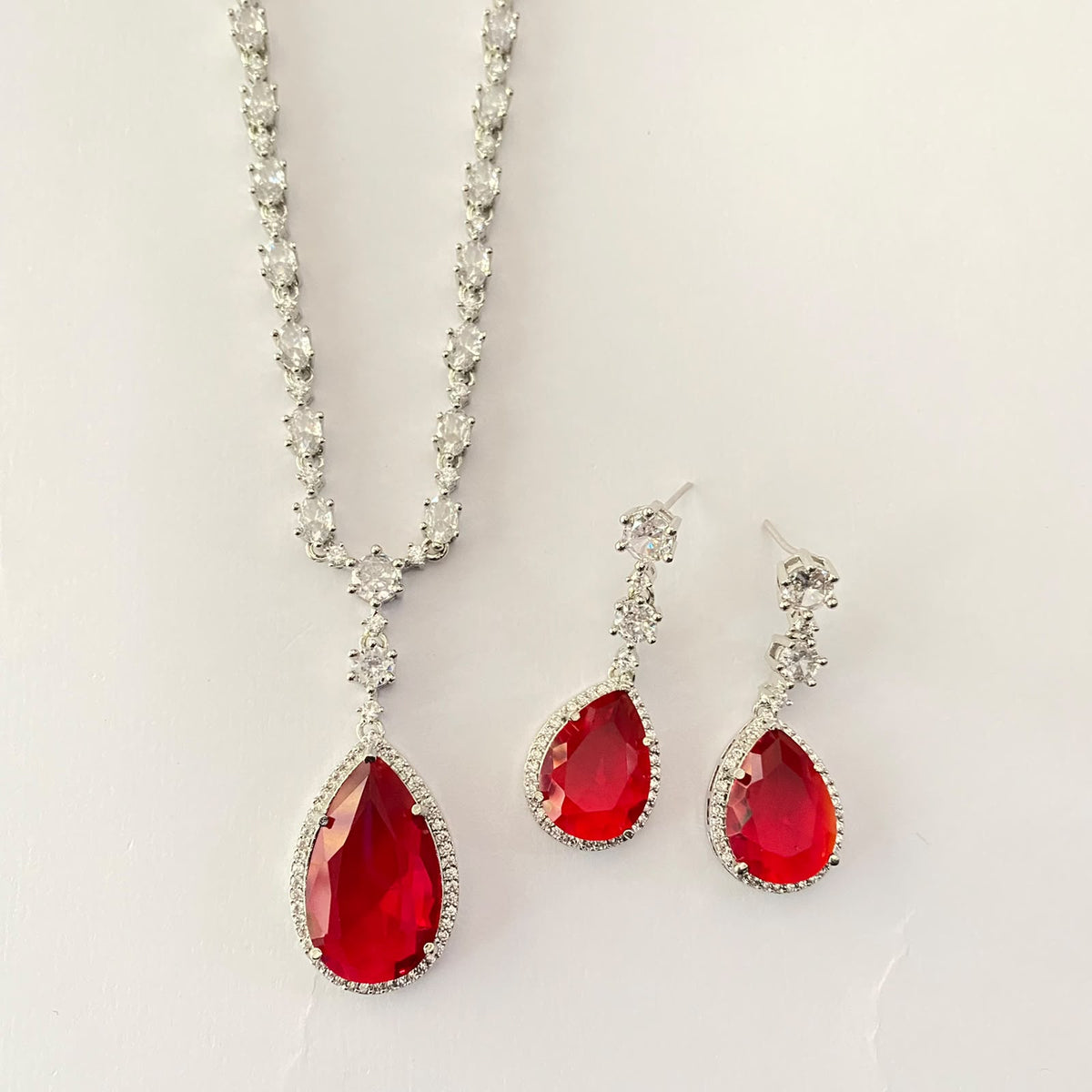 Silver Plated Ruby Drop Sleek Necklace Set