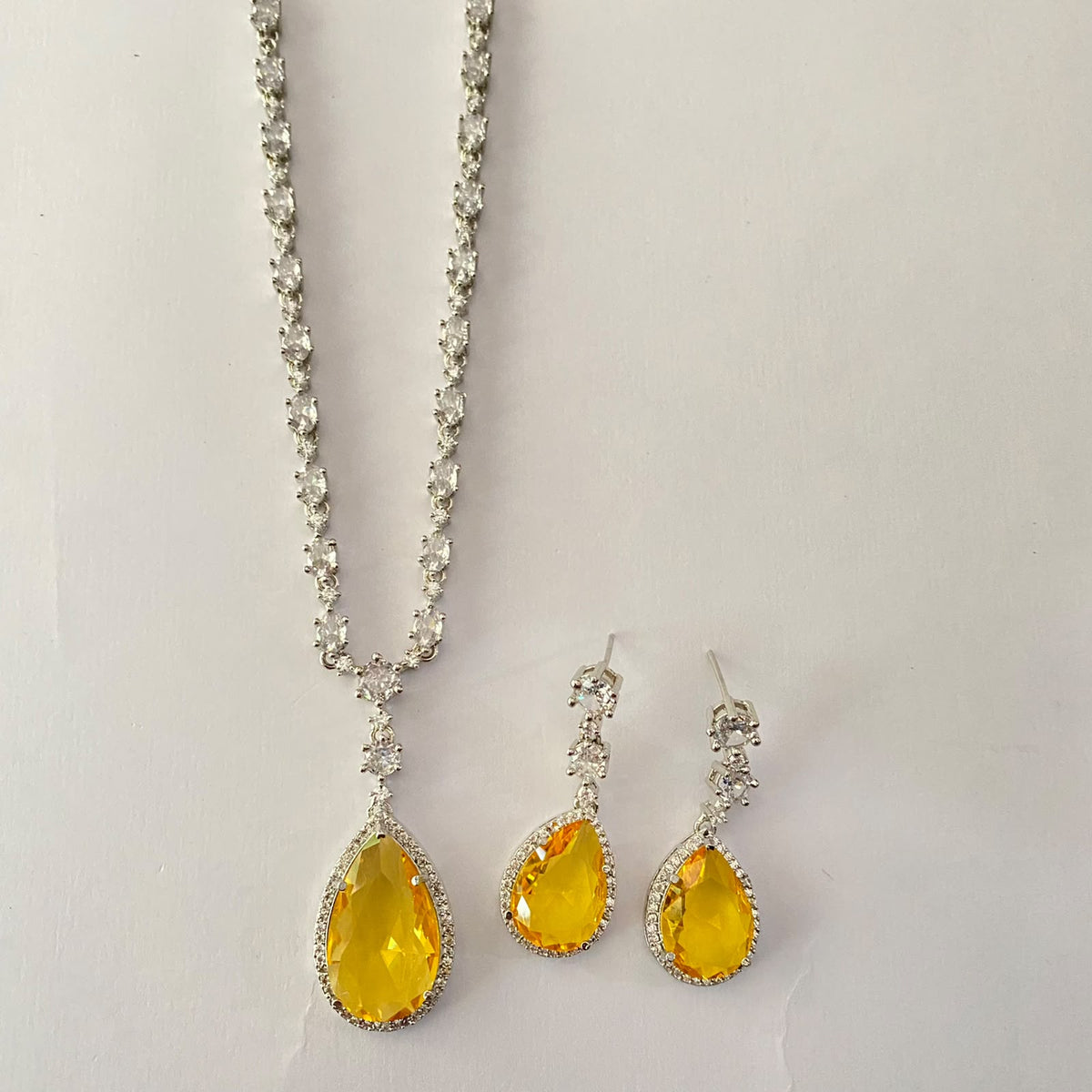 Yellow Drop Stone Diamond Silver Plated Necklace Set
