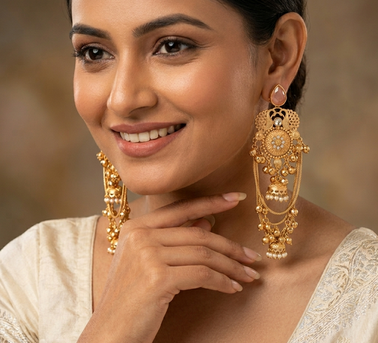 Peach Stone Gold Layer Kashmiri Jhumka Earring