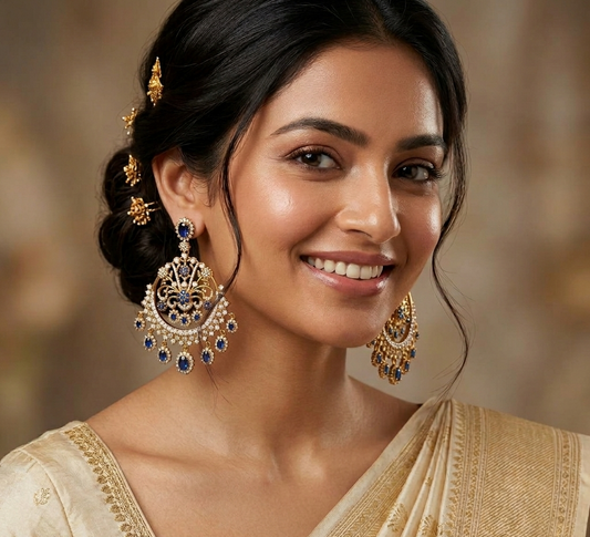 Blue Stone Antique Gold Plated Chandbali Earring