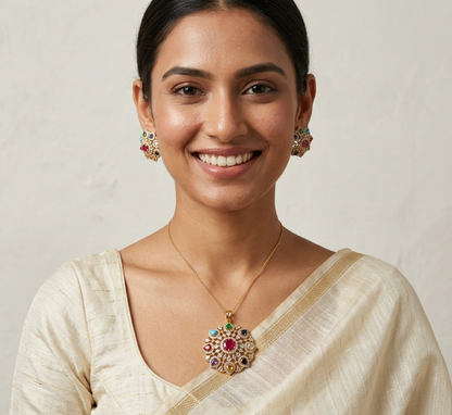 Navratna Gold Plated Pendant Set