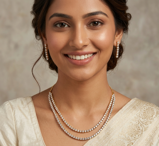 Gold Plated Double Layer Tennis Necklace Set