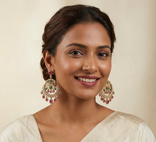 Ruby & Emerald Antique Gold Plated Chandbali Earring