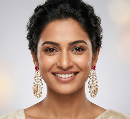 Ruby Gold Plated Long Dangler Earring.