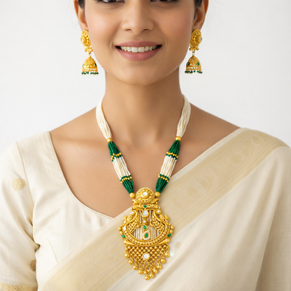Antique White Beads & Green Beads Long Necklace Set