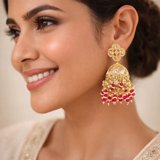 Kundan Moissanite with Red and White Drops