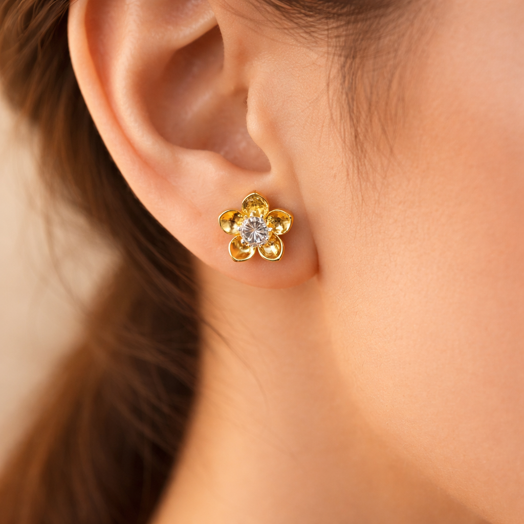 Flower Design Gold Plated Back Screw Solitaire