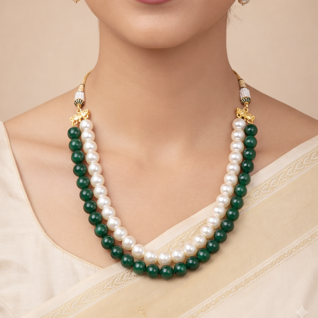 Double Line Pearl & Emerald Necklace Set