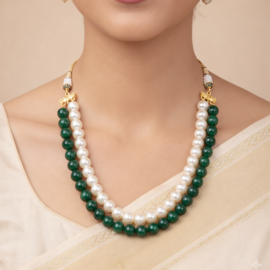 Double Line Pearl & Emerald Necklace Set