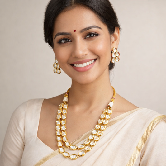 Double Line Kundan Long Necklace Set