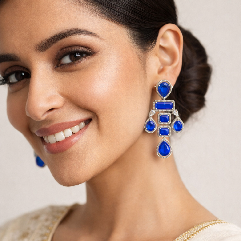 Silver Plated with Blue Stone Latest Design Earring