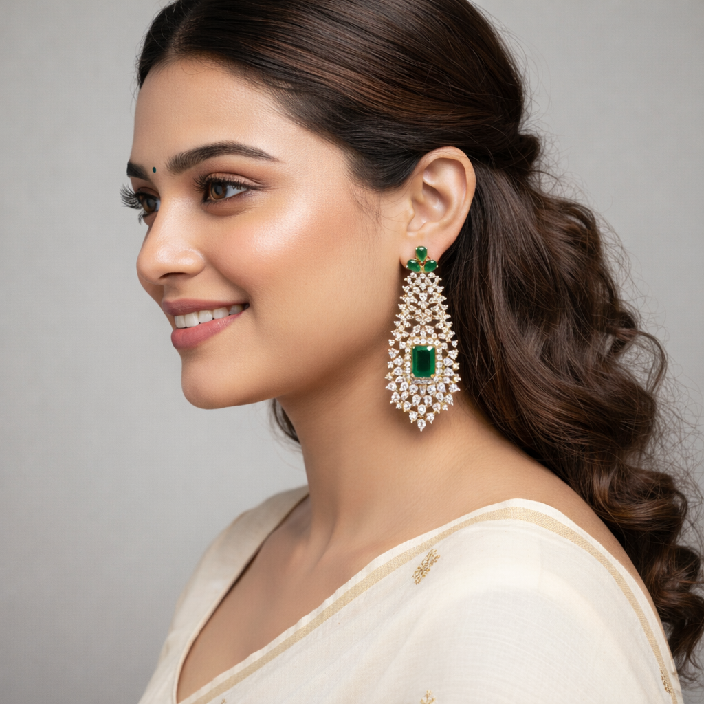 Emerald Gold Plated Long Dangler Earring