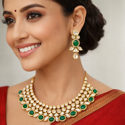 Emerald Kundan Gold Plated  Necklace Set