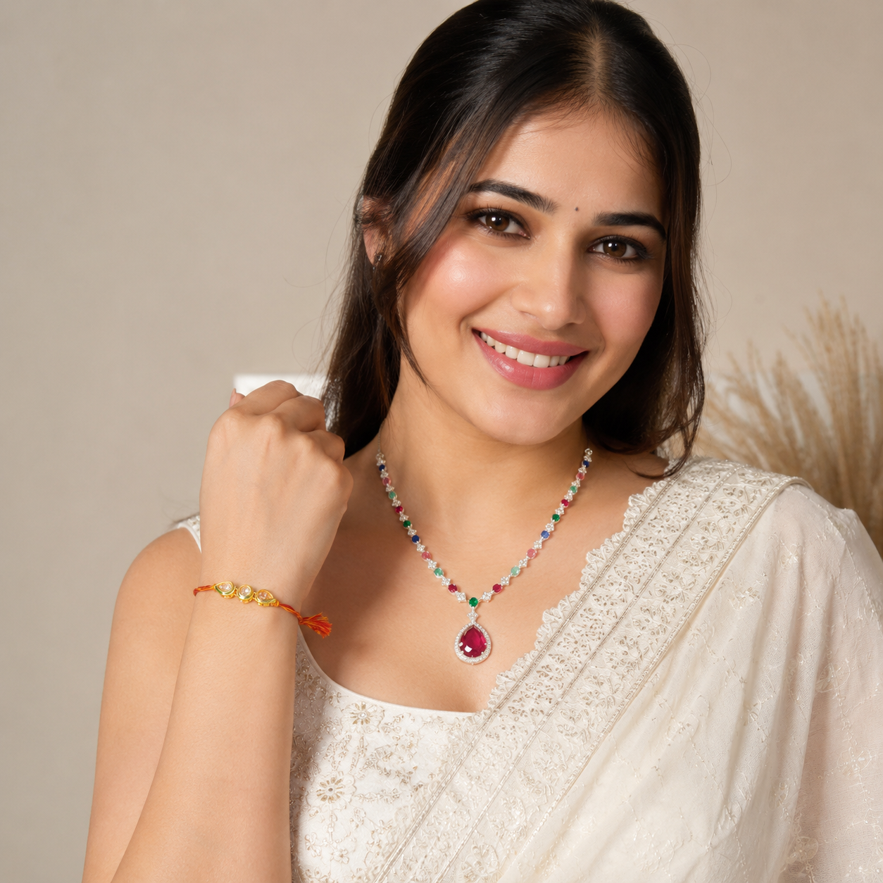 Teardrop and Round Shape Kundan Rakhi with Multi Color Diamond Silver Plated Necklace Set Combo