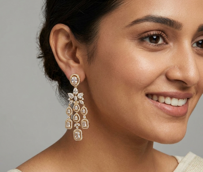 Gold-Plated American Diamond Chandelier Dangler Earrings.