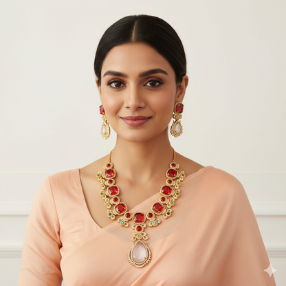 Ruby Gold Plated Moon stone  necklace Set