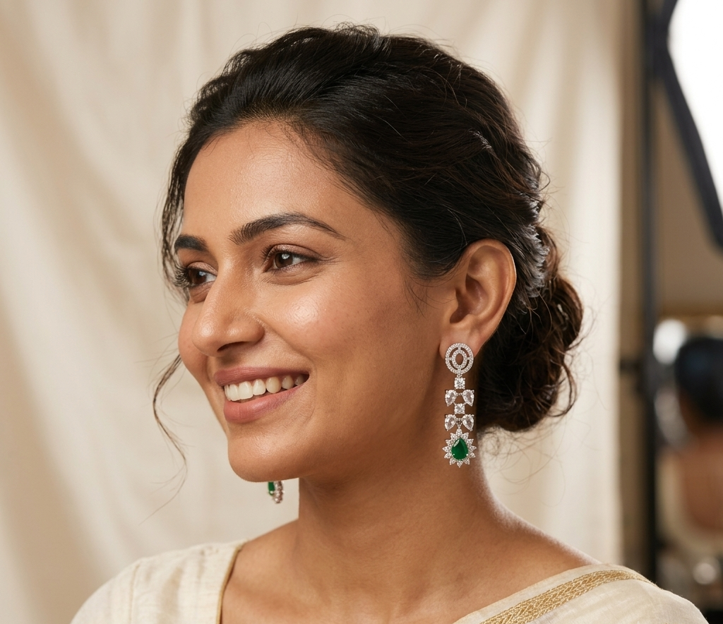 Green Stone Silver Plated Earring