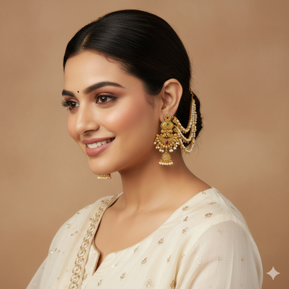 Gold plated jhumka with pearl three layer kaan chain