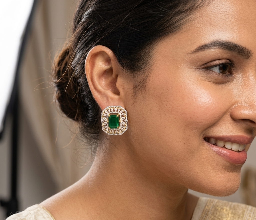 Rectangular Green Center Stone Surrounded by a Diamond Crystals Stud