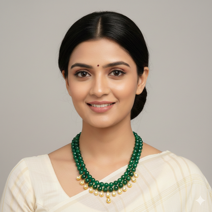 Kundan Emerald Double String Necklace Set