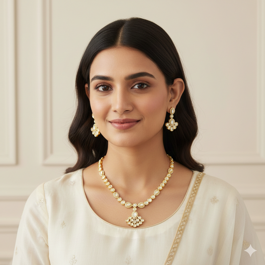 Gold Plated Polki  floral sleek Necklace Set