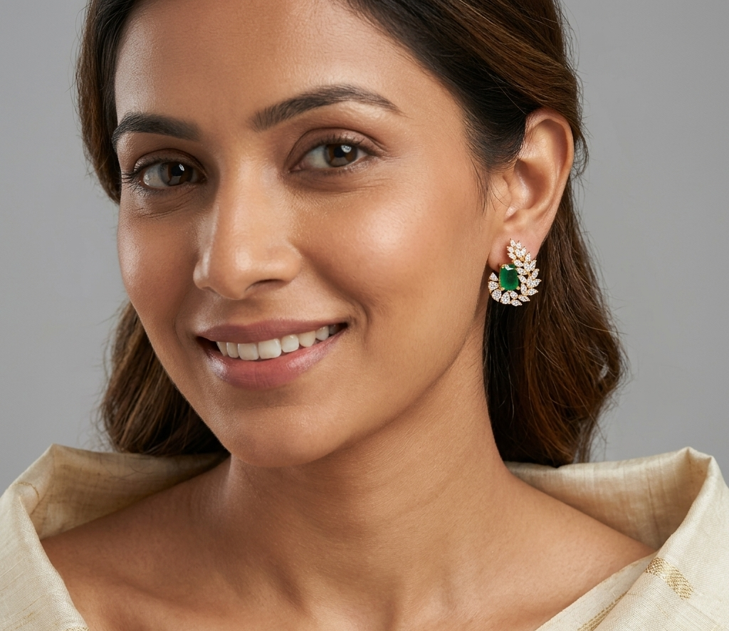 Emerald Center Stone with Teardrop Shape Diamond Gold Plated Stud