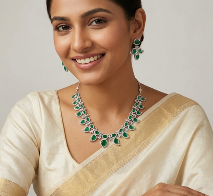 Emerald Silver Plated Statement Necklace Set