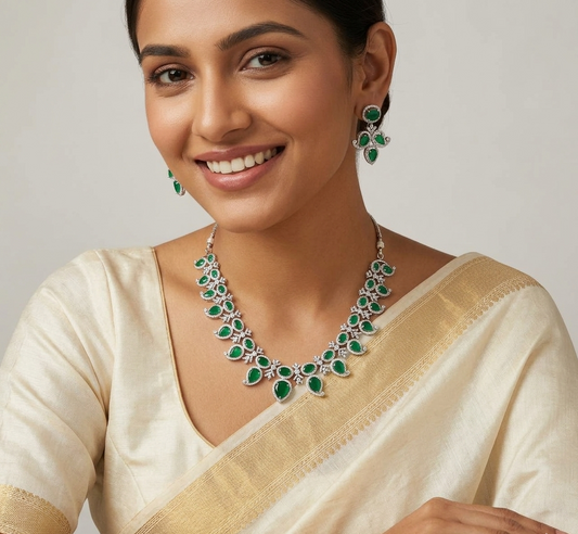 Emerald Silver Plated Statement Necklace Set