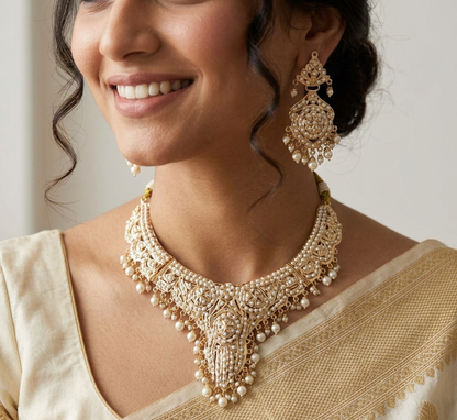 White Beads Jadau Necklace Set