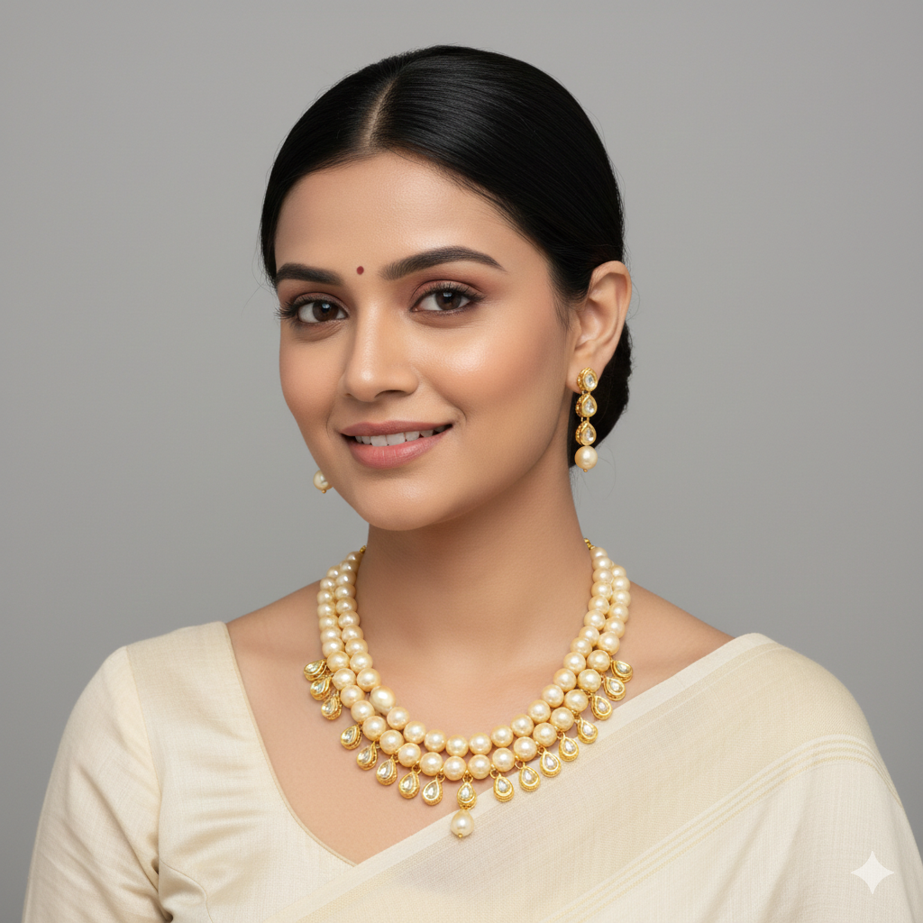 Kundan With Off White Pearl Necklace Set