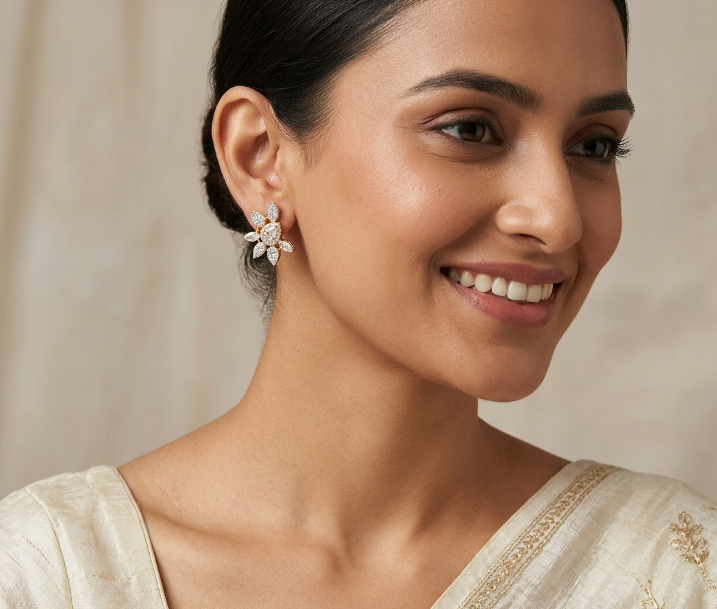 Diamond Gold Plated Floral Stud