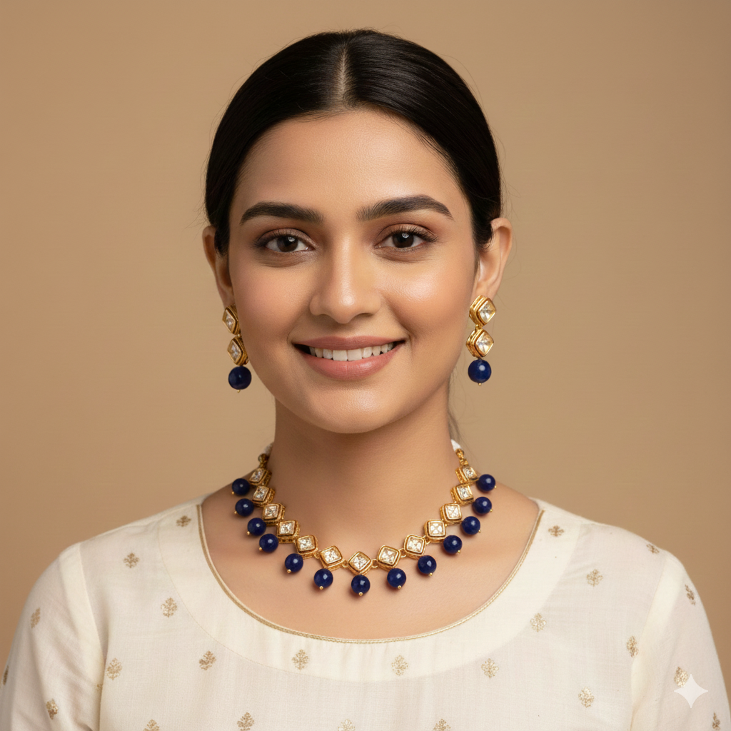 Blue stone kundan gold plated  necklace with earring for women