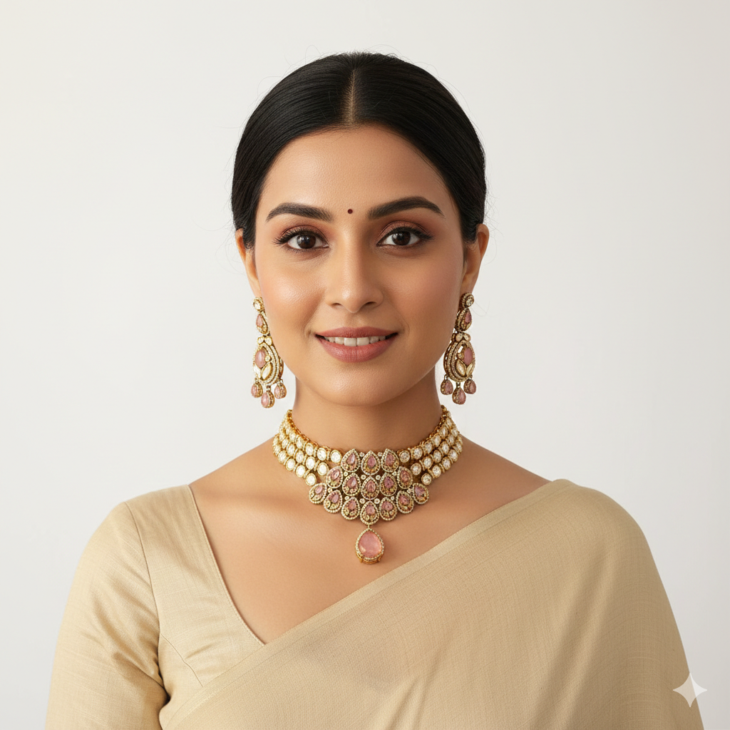 Rose Quartz Kundan Choker Necklace Set