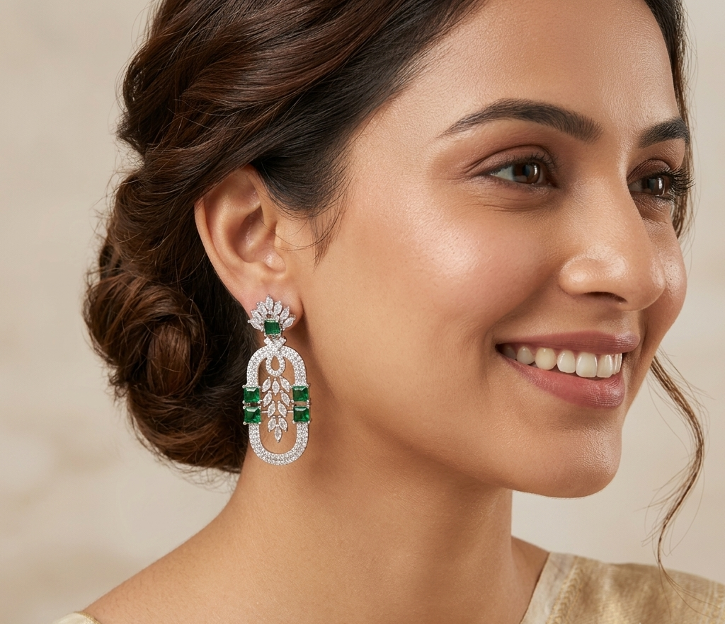 Emerald Silver Plated Diamond Earring