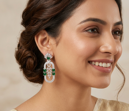 Emerald Silver Plated Diamond Earring