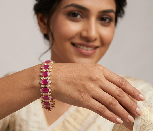 Diamond Ruby Square Shape Stone Gold Plated Tennis Bracelet