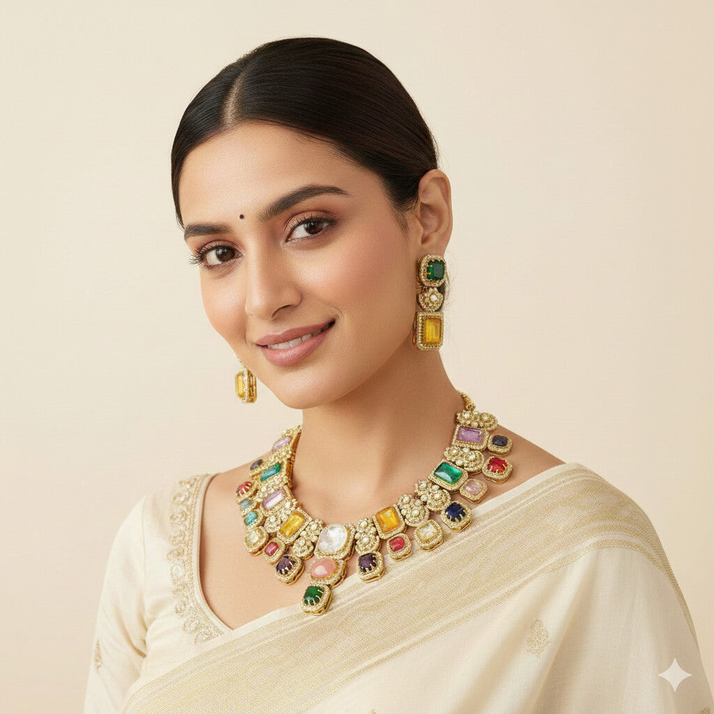 Multi Color Stone  Sabyasachi Inspired Necklace Set