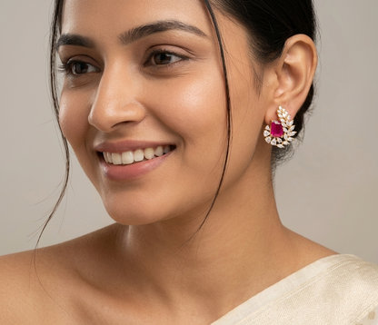 Ruby Center Stone with Teardrop Shape Diamond Gold Plated Stud