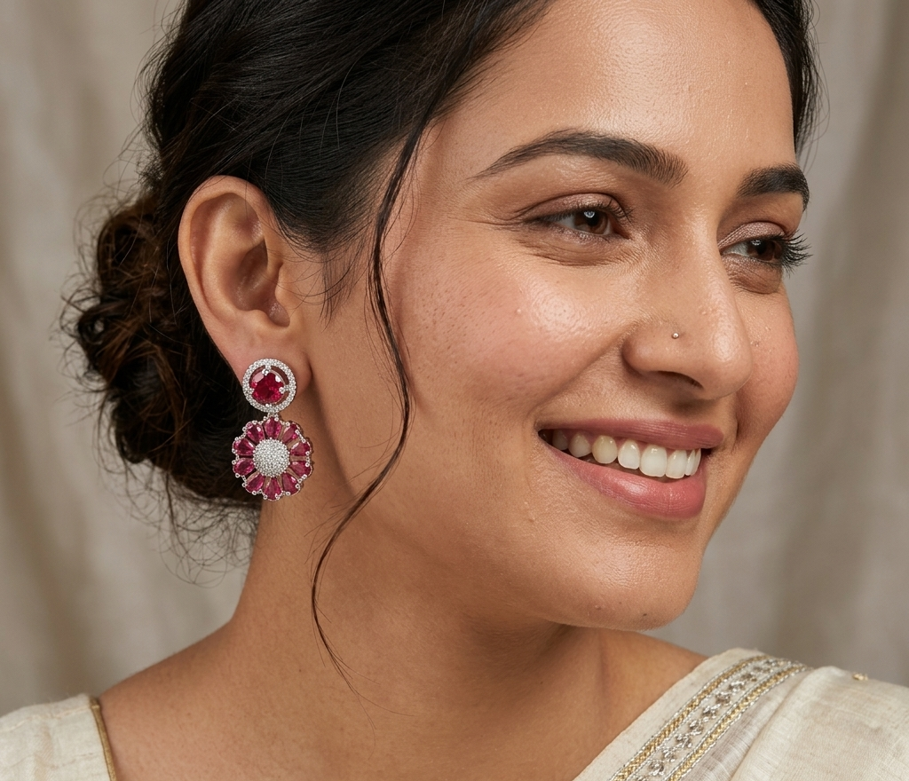 Pink Stone Silver Plated Earring