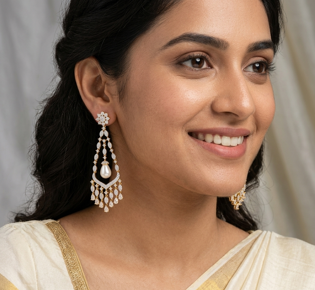 Gold Plated Teardrop Stone Pearl in the Center Dangler Earring